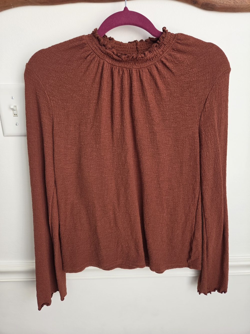 Madewell Rust Smocked Mock Neck Long Sleeve Top